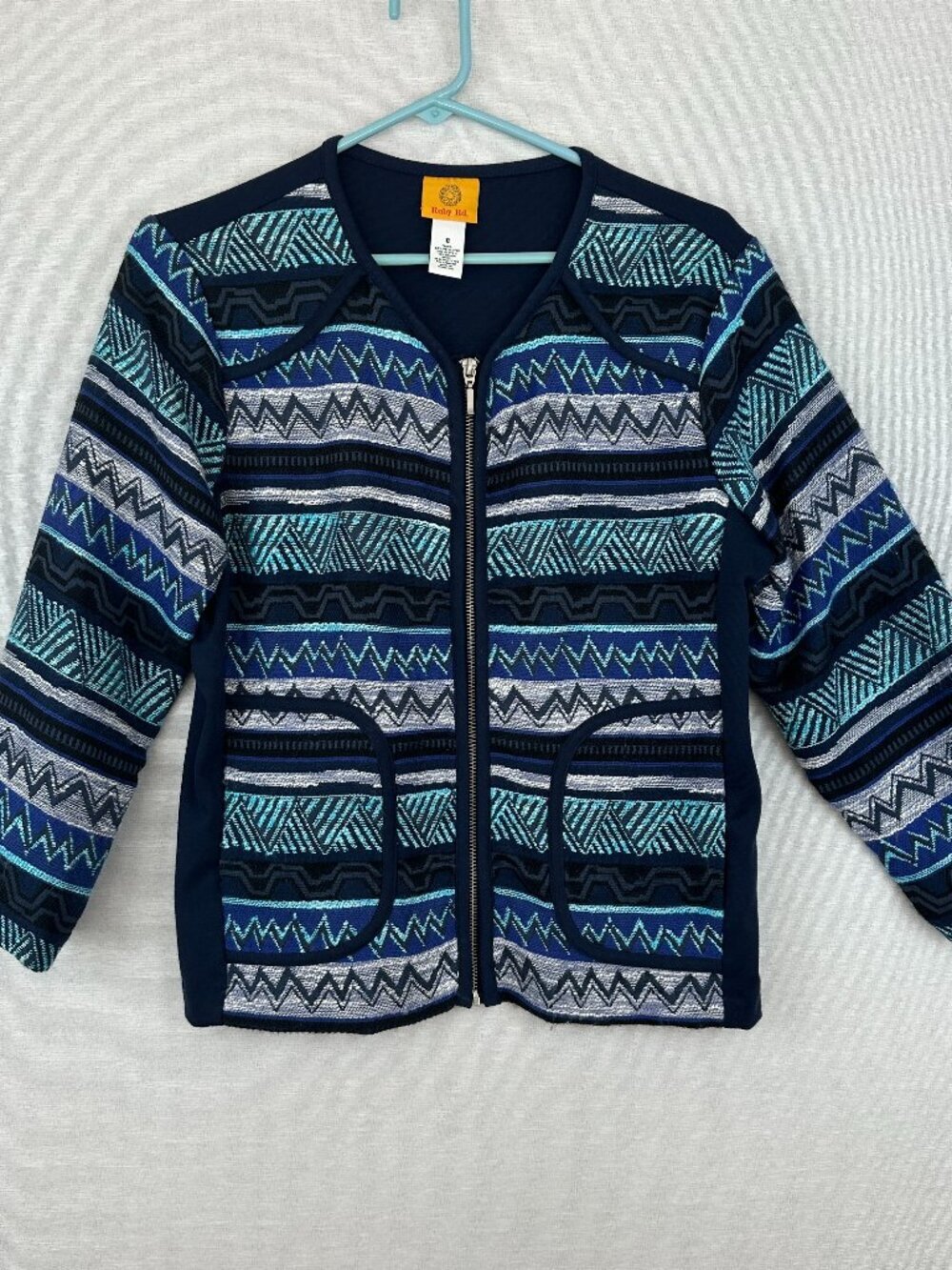 RUBY RD.WOMEN'S ZIPPER SWEATER JACKET VIBRANT BLUE TEAL GEOMETRIC PATTERN SIZE 8
